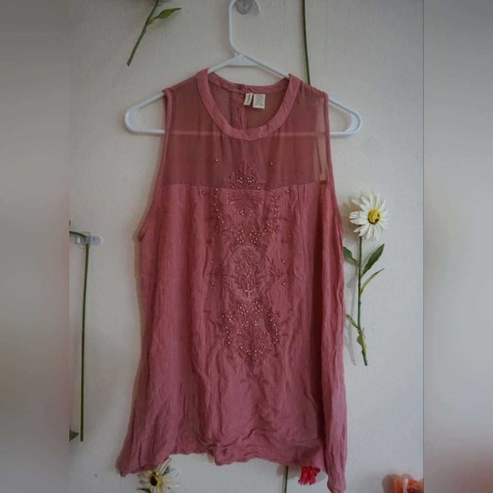 Embroidered Pink Sleeveless Top